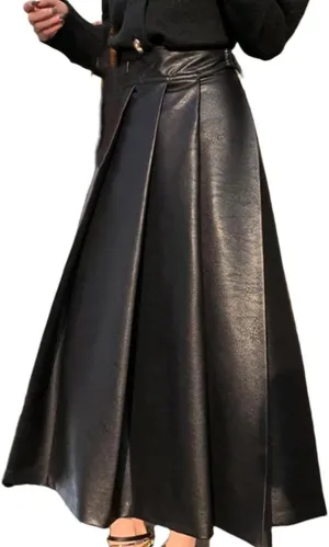Suwequest Autumn High Waisted Pleated Black Soft Faux Leather Midi Skirt A Line Long Skirts for Women