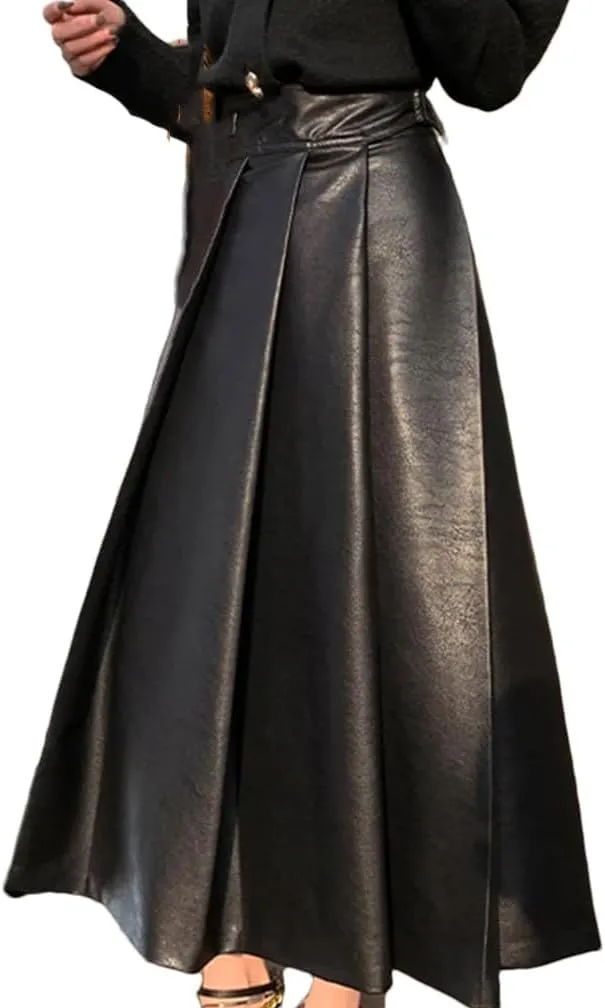 Suwequest Autumn High Waisted Pleated Black Soft Faux Leather Midi Skirt A Line Long Skirts for Women