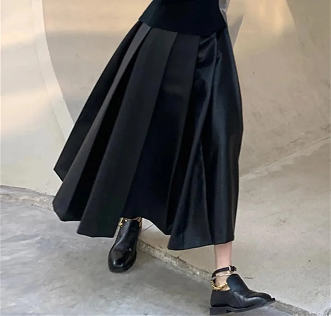 Suwequest Autumn High Waisted Pleated Black Soft Faux Leather Midi Skirt A Line Long Skirts for Women
