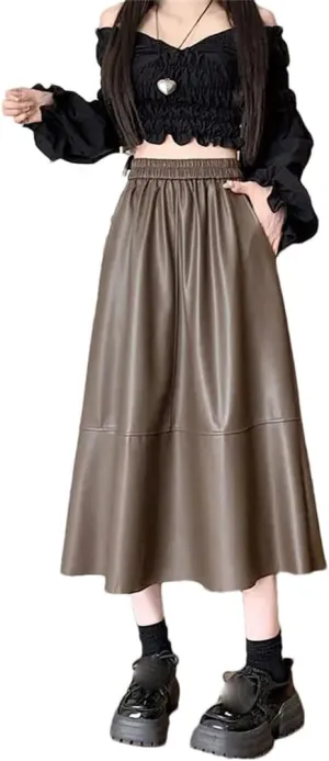 Suwequest Casual Elastic High Waist Women Pleated Leather Skirt Autumn Winter Solid A-Line Midi Skirts Female