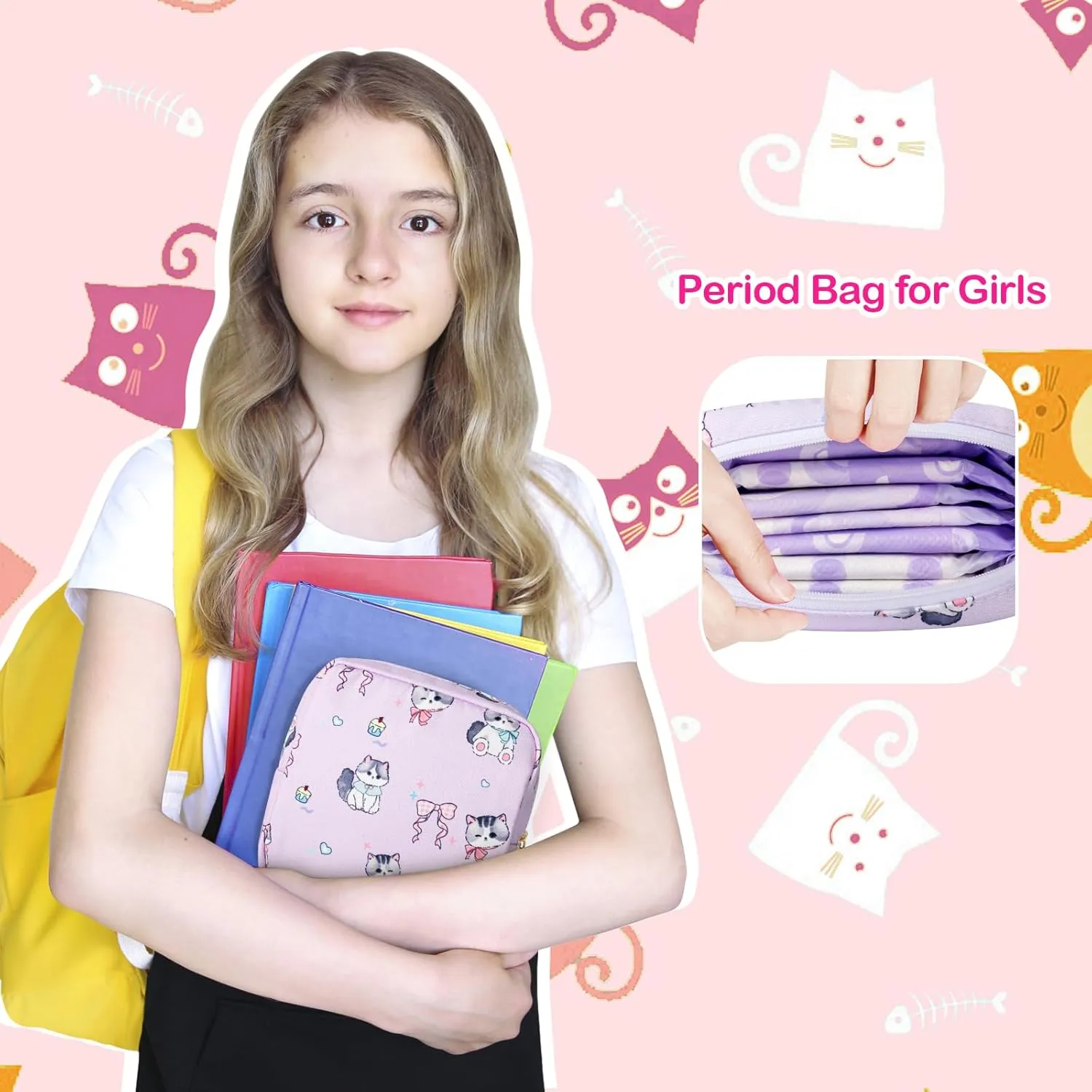 Tampon Holder for Purse, Canvas Period Bag Sanitary Napkin Storage Bag for Girls Womens, Portable Feminine Emergency Pad Period Pouch(Bow-Tie Black Cat)