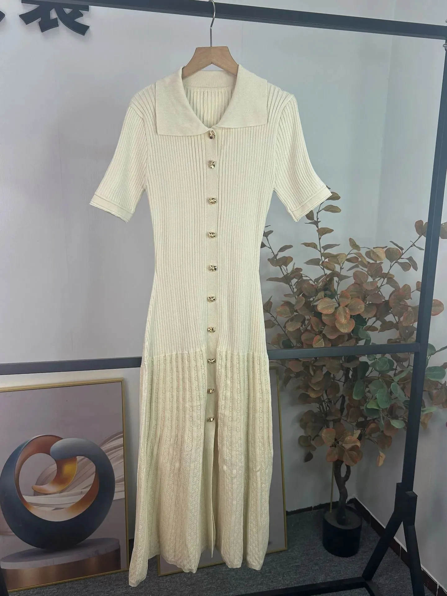 TAVIMART  -  Fashion Elegant Hollow Out Knitted Dress Women Solid Short Sleeved Breasted Slim Dresses 2024 Elegant Female Commuting Robes