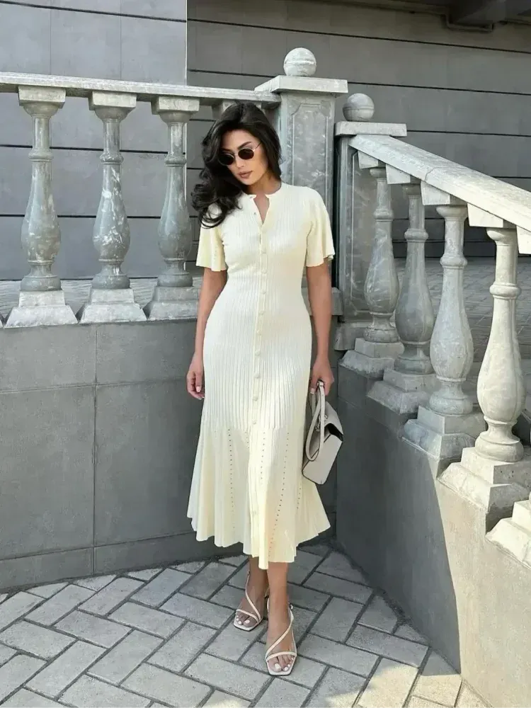 TAVIMART  -  Fashion Elegant Hollow Out Knitted Dress Women Solid Short Sleeved Breasted Slim Dresses 2024 Elegant Female Commuting Robes