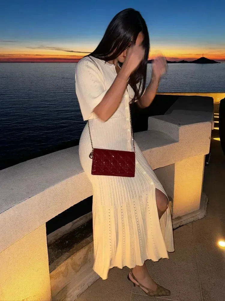 TAVIMART  -  Fashion Elegant Hollow Out Knitted Dress Women Solid Short Sleeved Breasted Slim Dresses 2024 Elegant Female Commuting Robes