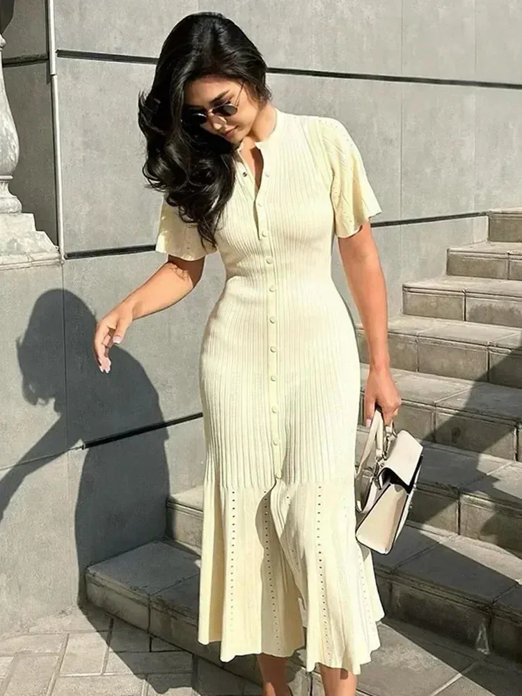TAVIMART  -  Fashion Elegant Hollow Out Knitted Dress Women Solid Short Sleeved Breasted Slim Dresses 2024 Elegant Female Commuting Robes