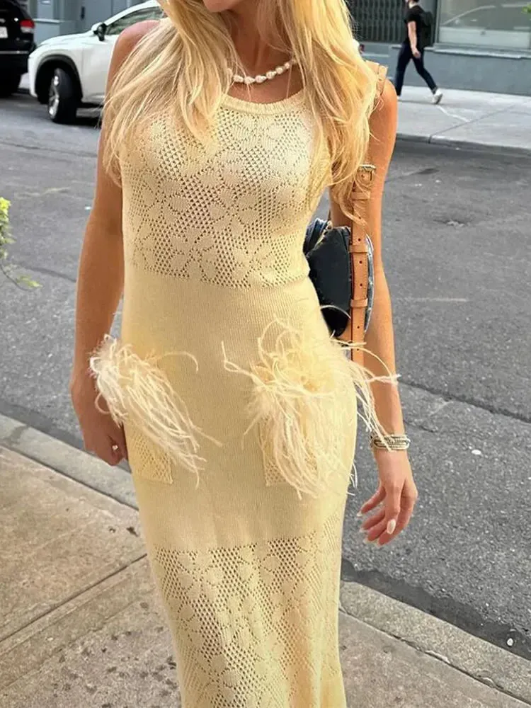 TAVIMART  -  Fashion Knitted Solid Feather Hollow Out Long Dress Women Elegant Pleated Hem Off Shoulder Dresses Summer Lady High Street Robes