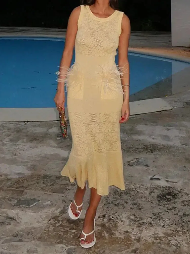 TAVIMART  -  Fashion Knitted Solid Feather Hollow Out Long Dress Women Elegant Pleated Hem Off Shoulder Dresses Summer Lady High Street Robes