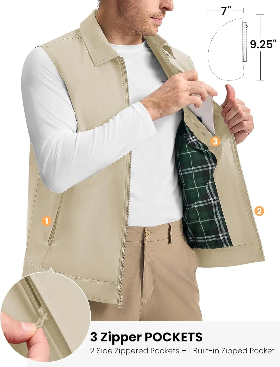 TBMPOY Men's Vest Casual Outerwear Lightweight 3 Zip Pockets Golf Sleeveless Jackets Summer Fall Full Zip Vest Travel
