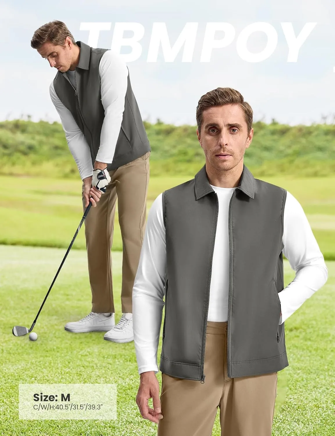 TBMPOY Men's Vest Casual Outerwear Lightweight 3 Zip Pockets Golf Sleeveless Jackets Summer Fall Full Zip Vest Travel