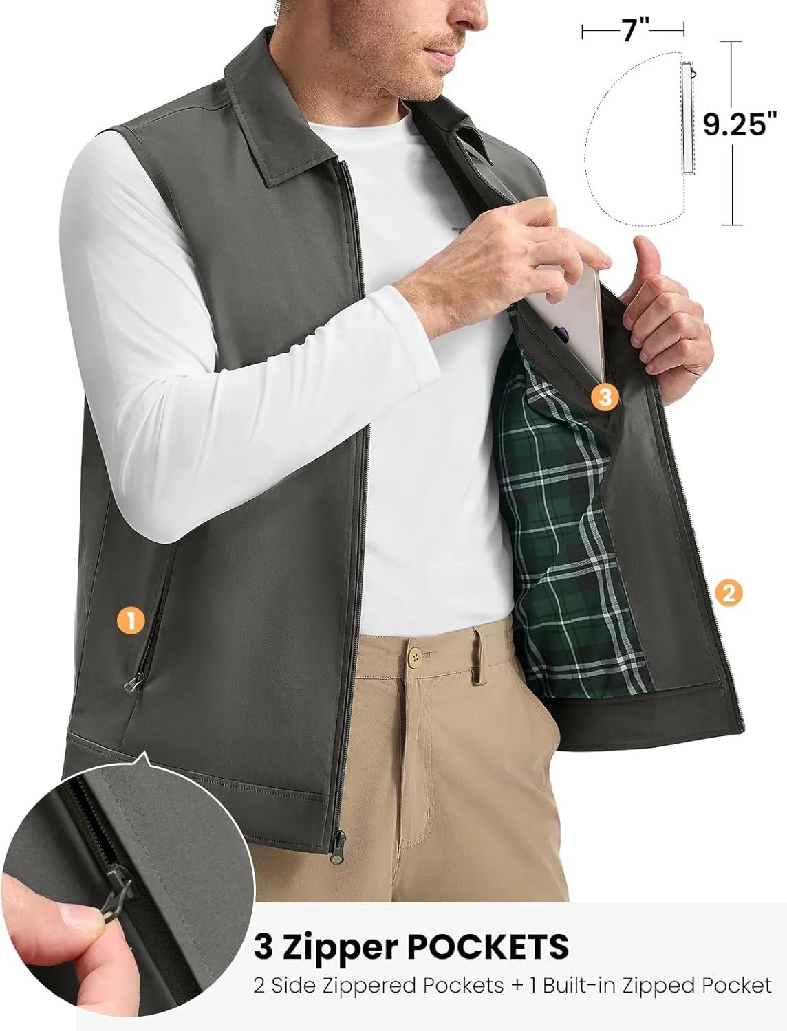 TBMPOY Men's Vest Casual Outerwear Lightweight 3 Zip Pockets Golf Sleeveless Jackets Summer Fall Full Zip Vest Travel
