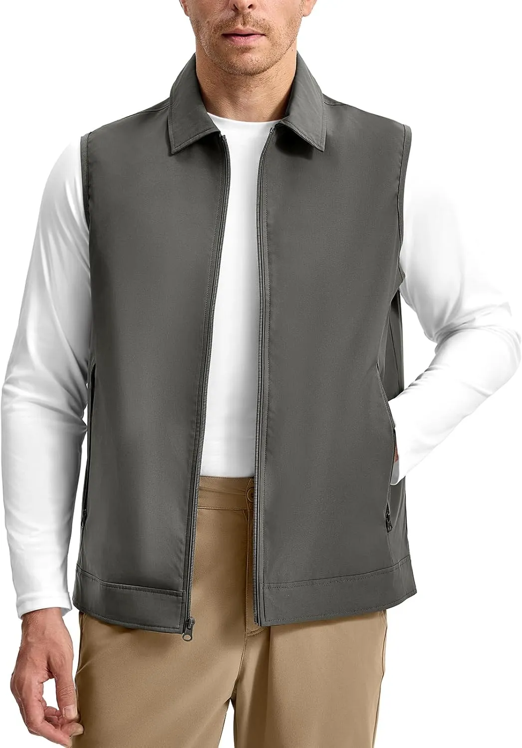 TBMPOY Men's Vest Casual Outerwear Lightweight 3 Zip Pockets Golf Sleeveless Jackets Summer Fall Full Zip Vest Travel