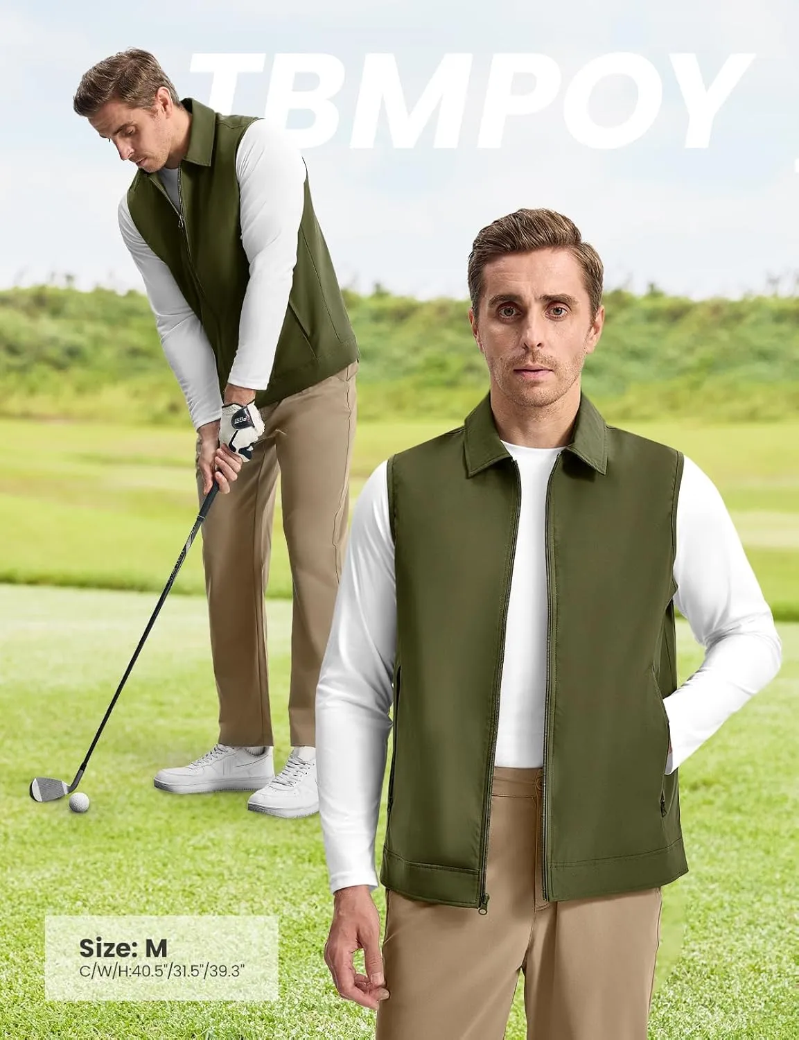 TBMPOY Men's Vest Casual Outerwear Lightweight 3 Zip Pockets Golf Sleeveless Jackets Summer Fall Full Zip Vest Travel