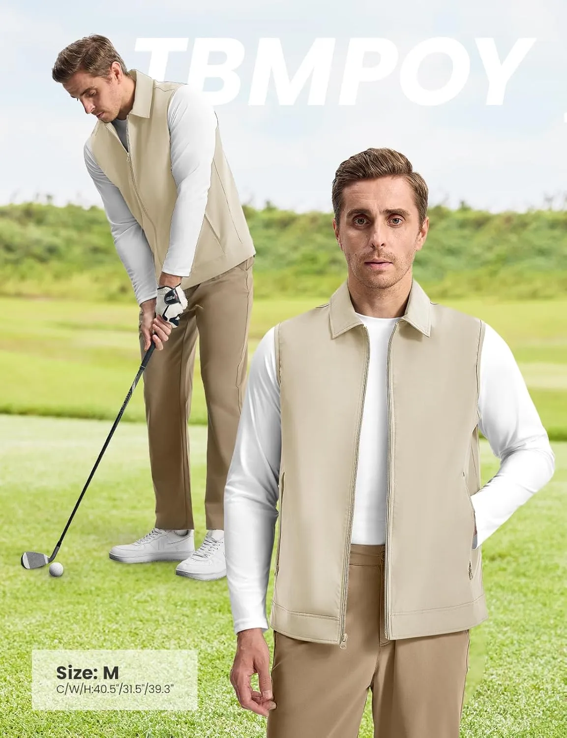 TBMPOY Men's Vest Casual Outerwear Lightweight 3 Zip Pockets Golf Sleeveless Jackets Summer Fall Full Zip Vest Travel