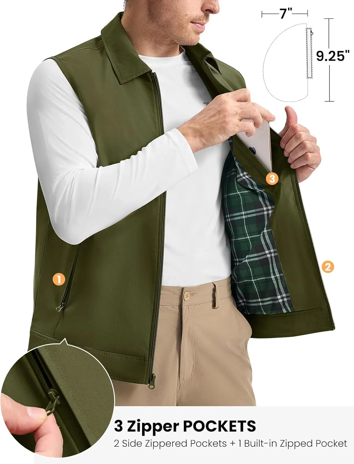 TBMPOY Men's Vest Casual Outerwear Lightweight 3 Zip Pockets Golf Sleeveless Jackets Summer Fall Full Zip Vest Travel