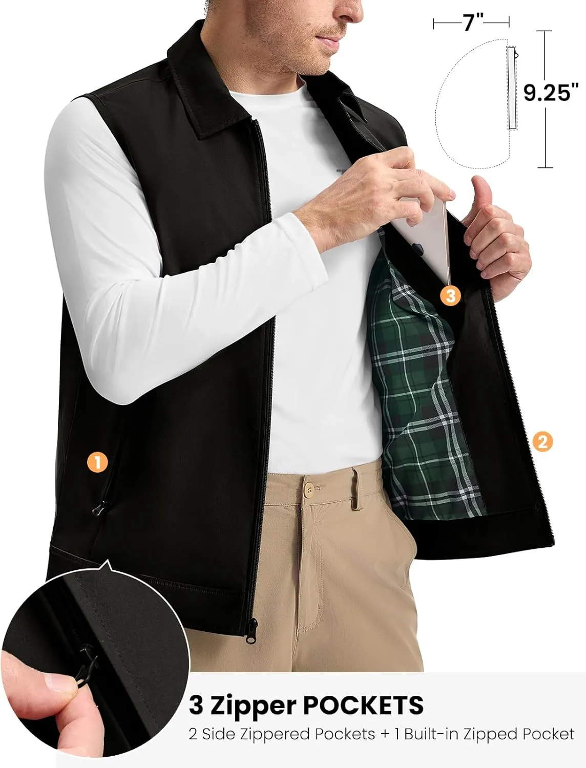 TBMPOY Men's Vest Casual Outerwear Lightweight 3 Zip Pockets Golf Sleeveless Jackets Summer Fall Full Zip Vest Travel