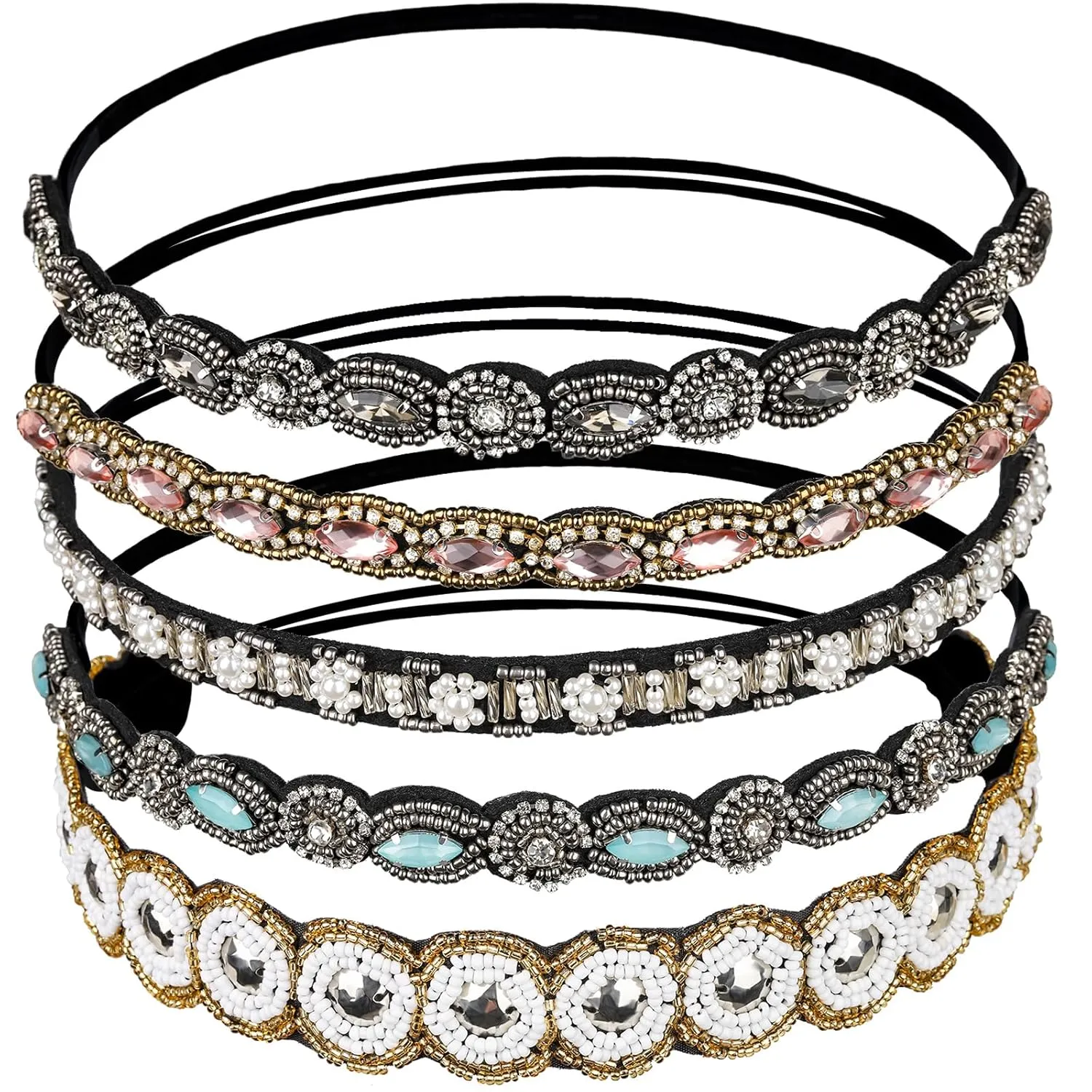 Teenitor 5pcs Hairbands for Women, 5 Rhinestone Beaded Headbands, Head Bands for Women's Hair Fashionable Handmade Crystal Beaded Elastic hairbands, 20-26.8"(51-68cm), 1 Count (Pack of 5), HAIRBAND