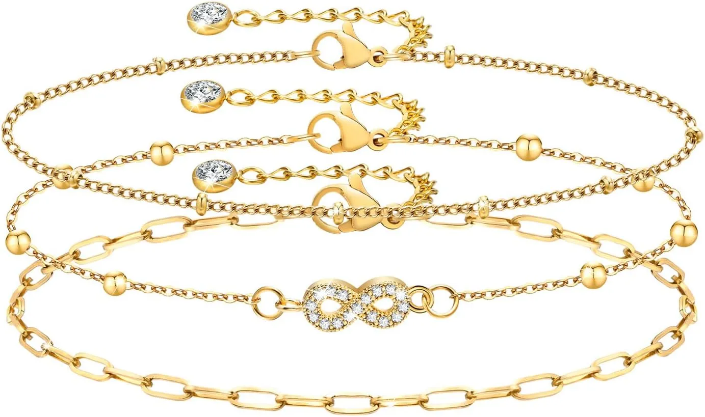 TempBeau Gold Ankle Bracelets for Women 3Pcs Set Layered Adjustable Chain Link Anklets for Women Summer Beach Foot Jewely Brithday Gifts fo Women Girlfriend Wife Mom