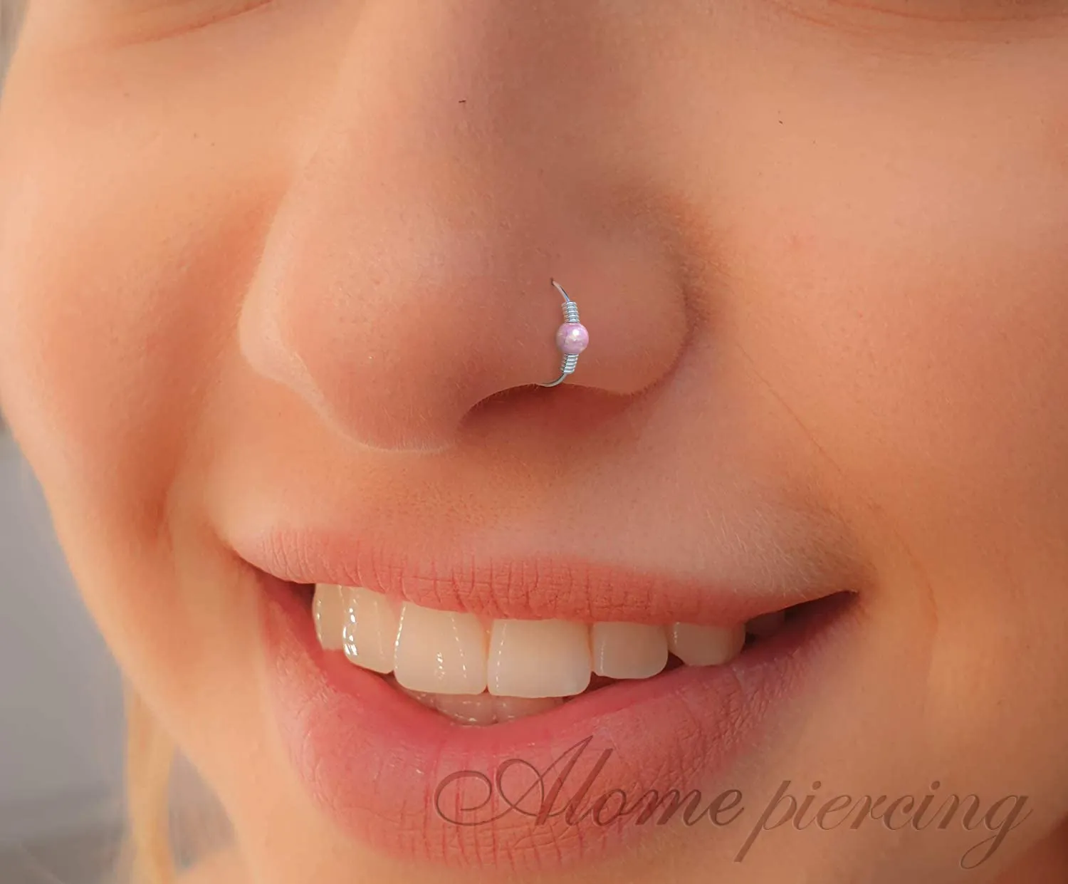 Tiny Silver Nose Ring - 2 mm Pink Opal piercing Nose Hoop - 24 gauge 7mm very Thin Nose Piercings Rings - Pink opal piercing