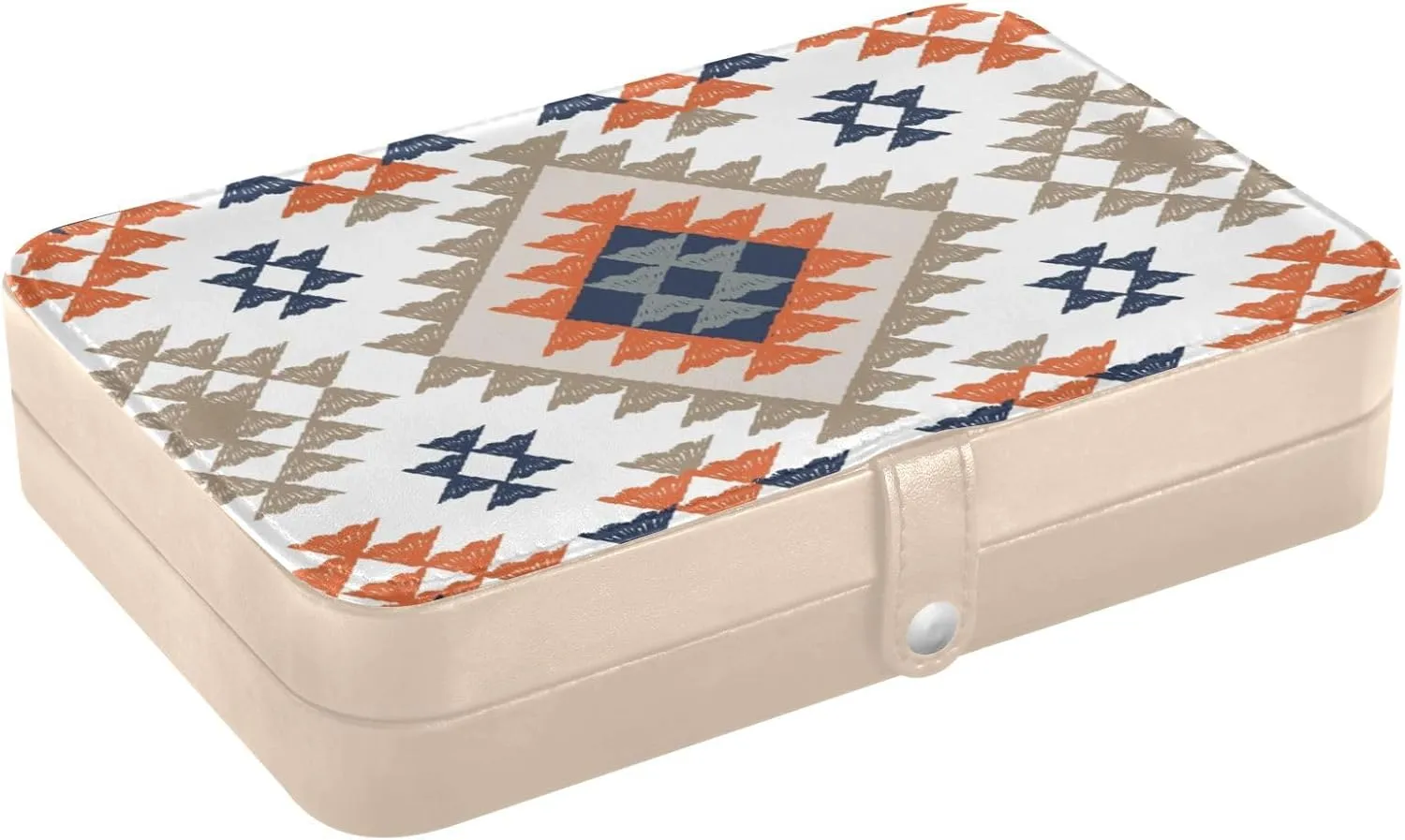 Travel Jewelry Box Ethnic Mexican Style Aztec Portable PU Leather Small Jewelry Organizer for Women Girls Jewellery Storage Holder Display for Ring, Pendant, Earring, Necklace, BraceletBeige