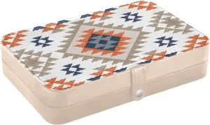 Travel Jewelry Box Ethnic Mexican Style Aztec Portable PU Leather Small Jewelry Organizer for Women Girls Jewellery Storage Holder Display for Ring, Pendant, Earring, Necklace, BraceletBeige