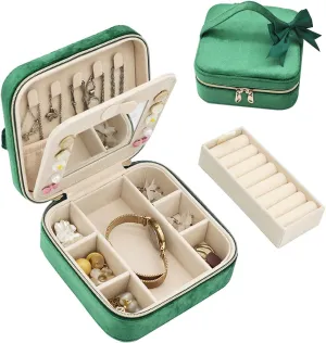 Travel Jewelry Case, Small Jewelry Box With Mirror, Velvet Travel Jewelry Organizer for Women, Jewelry Boxes for Women Storage Necklace Ring Earrings (Dark Green)