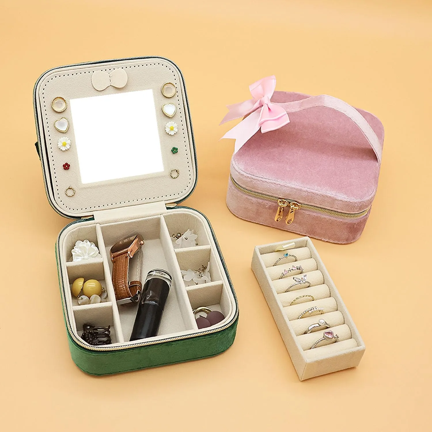 Travel Jewelry Case, Small Jewelry Box With Mirror, Velvet Travel Jewelry Organizer for Women, Jewelry Boxes for Women Storage Necklace Ring Earrings (Dark Green)