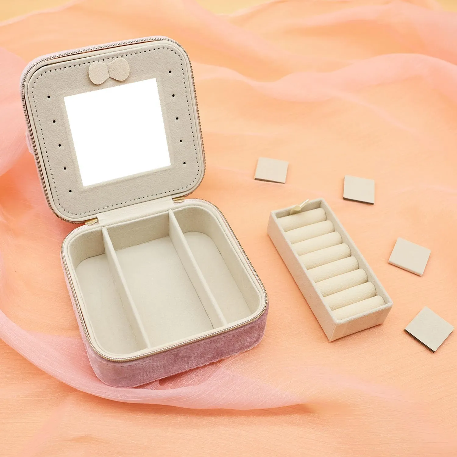 Travel Jewelry Case With Mirror Zipper, Velvet Small Jewelry Box for Women Girls, Square Portable Jewelry Organizer for Travel (Pink)