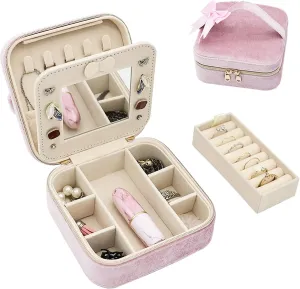Travel Jewelry Case With Mirror Zipper, Velvet Small Jewelry Box for Women Girls, Square Portable Jewelry Organizer for Travel (Pink)