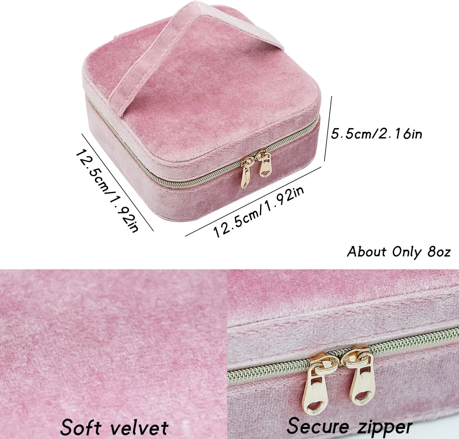 Travel Jewelry Case With Mirror Zipper, Velvet Small Jewelry Box for Women Girls, Square Portable Jewelry Organizer for Travel (Pink)