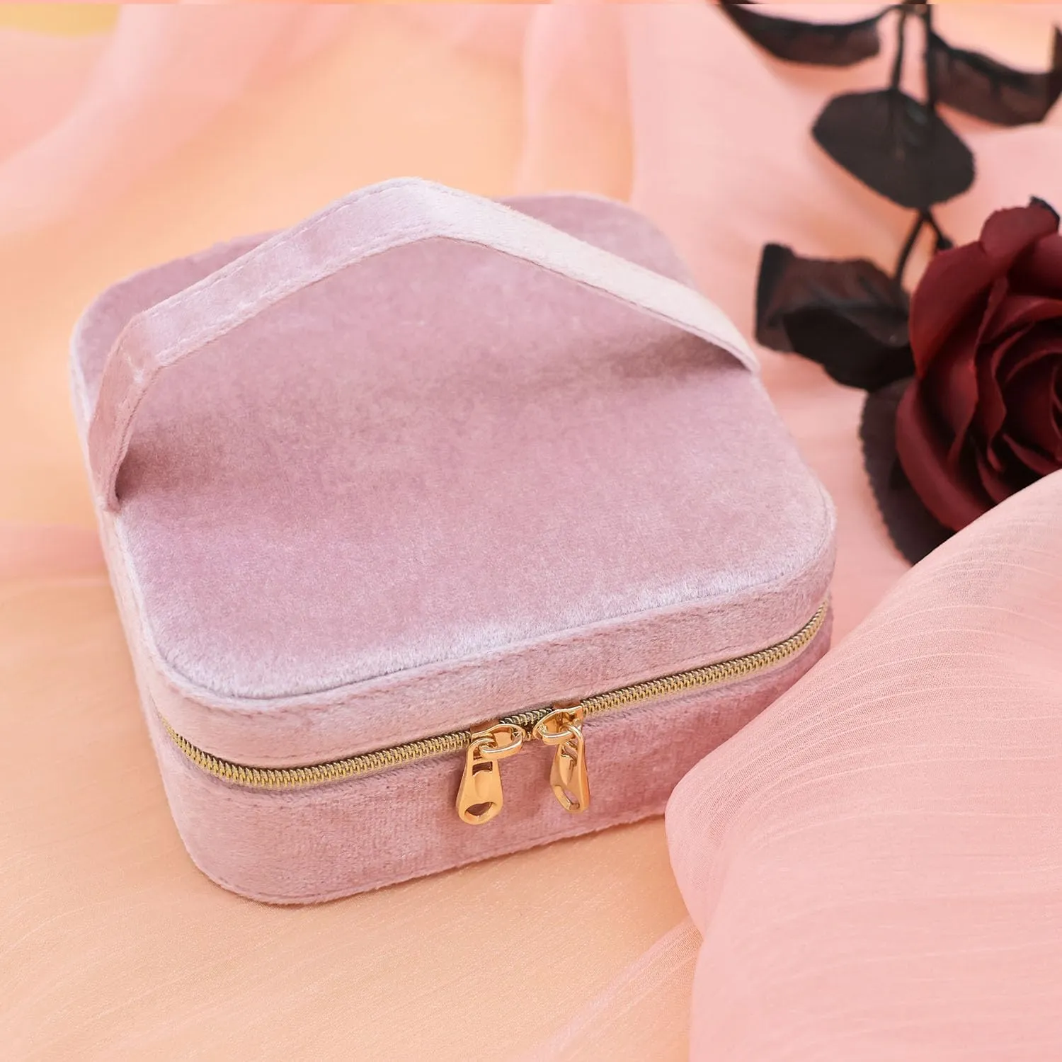 Travel Jewelry Case With Mirror Zipper, Velvet Small Jewelry Box for Women Girls, Square Portable Jewelry Organizer for Travel (Pink)