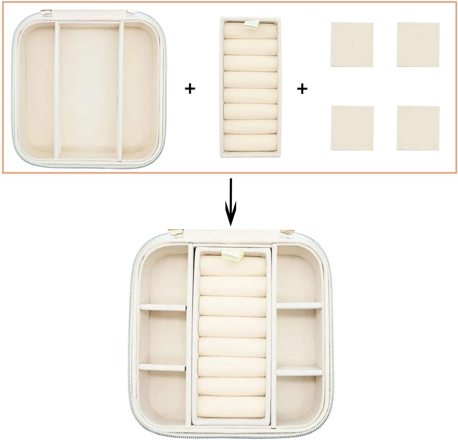 Travel Jewelry Case With Mirror Zipper, Velvet Small Jewelry Box for Women Girls, Square Portable Jewelry Organizer for Travel (Pink)