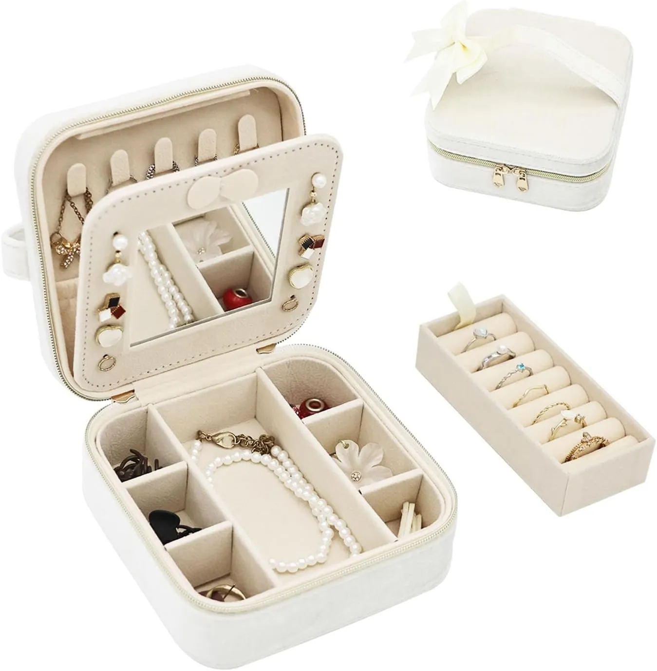 Travel Jewelry Organizer Small Jewelry Box With Mirror, Velvet Jewelry Travel Case for Women, Mini Jewelry Box for Girls Necklace Ring Earrings (Beige)