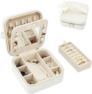 Travel Jewelry Organizer Small Jewelry Box With Mirror, Velvet Jewelry Travel Case for Women, Mini Jewelry Box for Girls Necklace Ring Earrings (Beige)