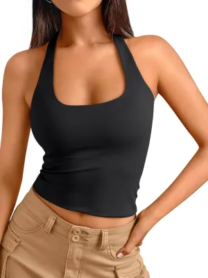 Trendy Queen Halter Tops for Women 2025 Summer Going Out Tops Backless Crop Sleeveless Workout Shirts Cute Y2k Clothes