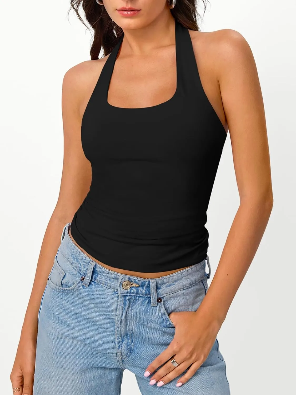 Trendy Queen Halter Tops for Women 2025 Summer Going Out Tops Backless Crop Sleeveless Workout Shirts Cute Y2k Clothes