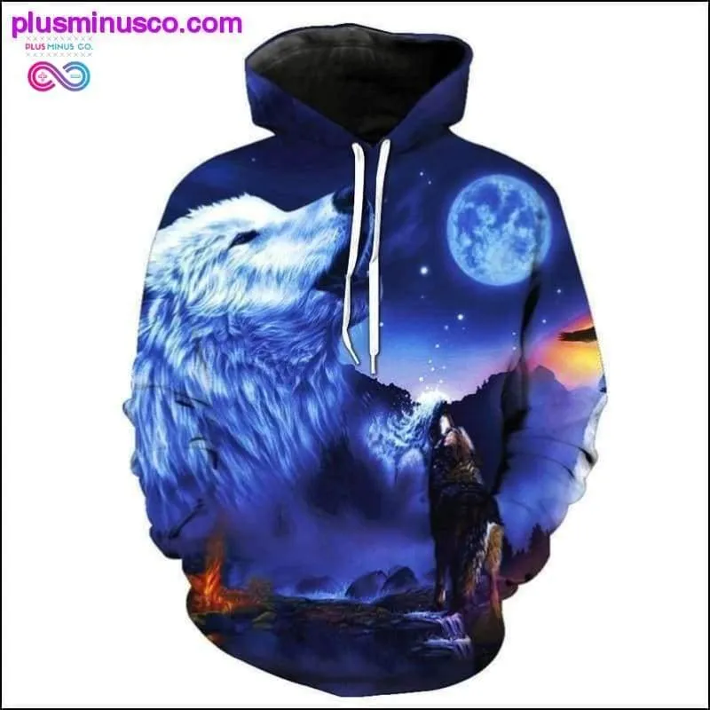 Two wolves Howling night 3D print UniSex Hoodie
