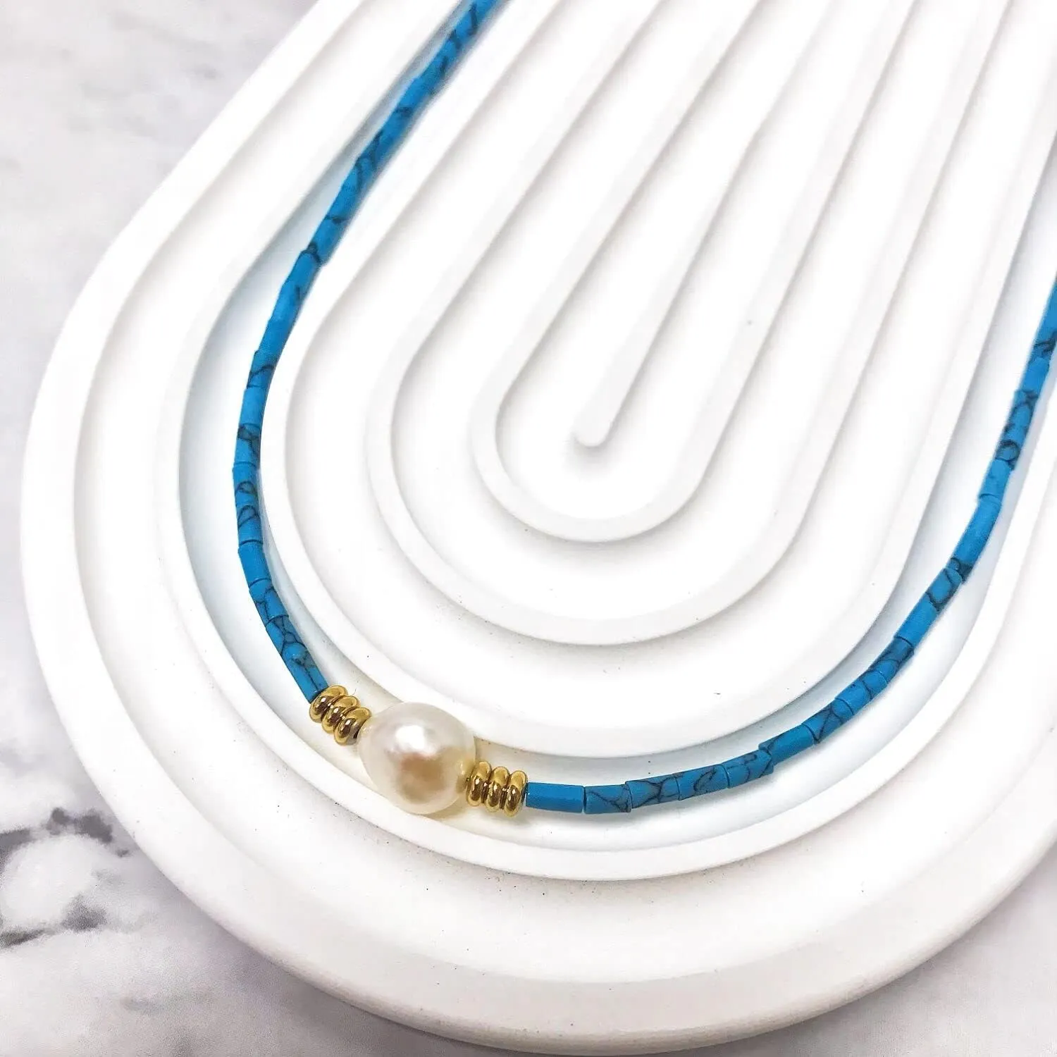 Unique Design Retro Vintage Blue Natural Stone Beaded Necklace French Bohemian Turquoise Baroque Freshwater Pearl Chocker Chain