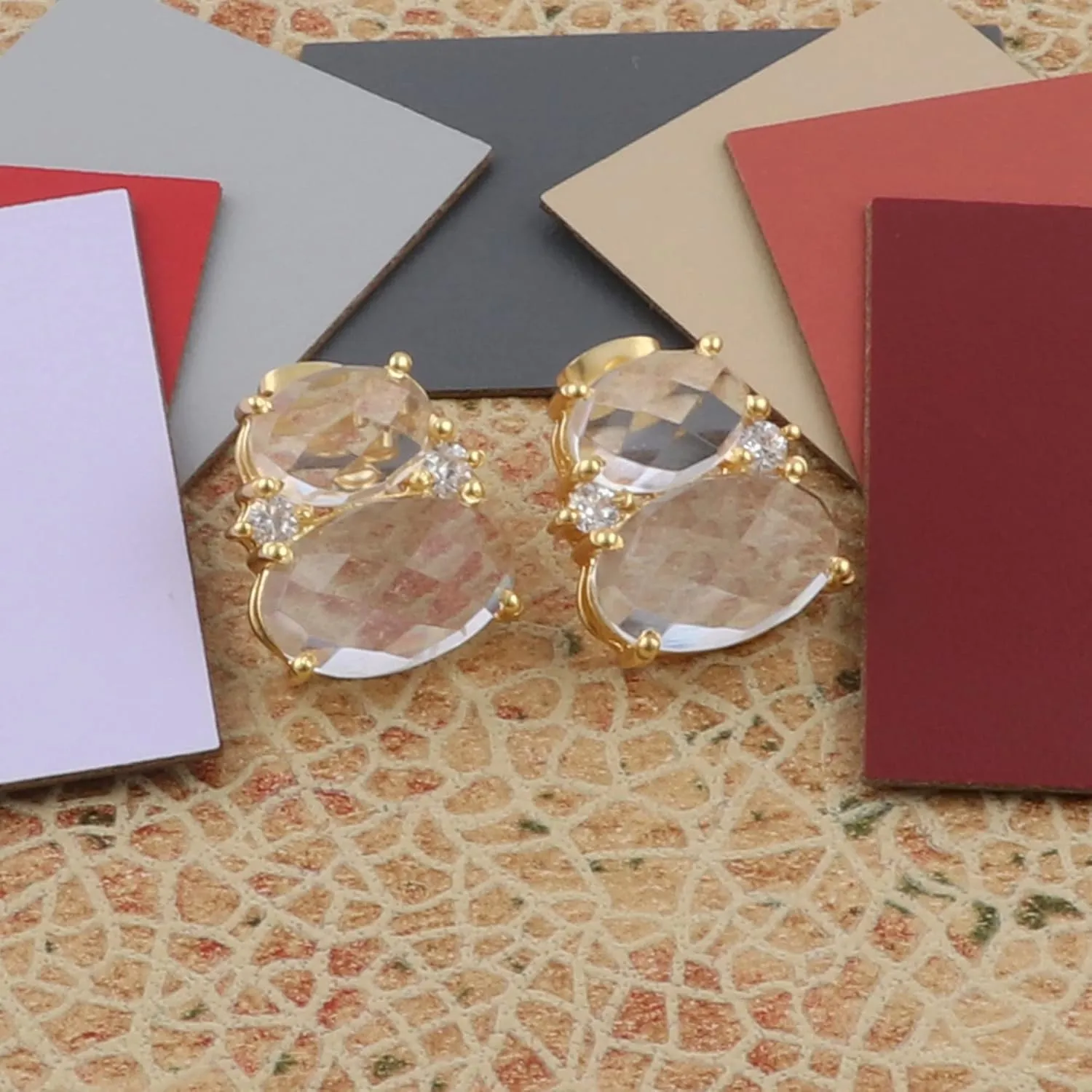 Unique Design Yellow Cat's Eye & Zircon Prong Setting Gemstone Brass Gold Plated Stud Earrings