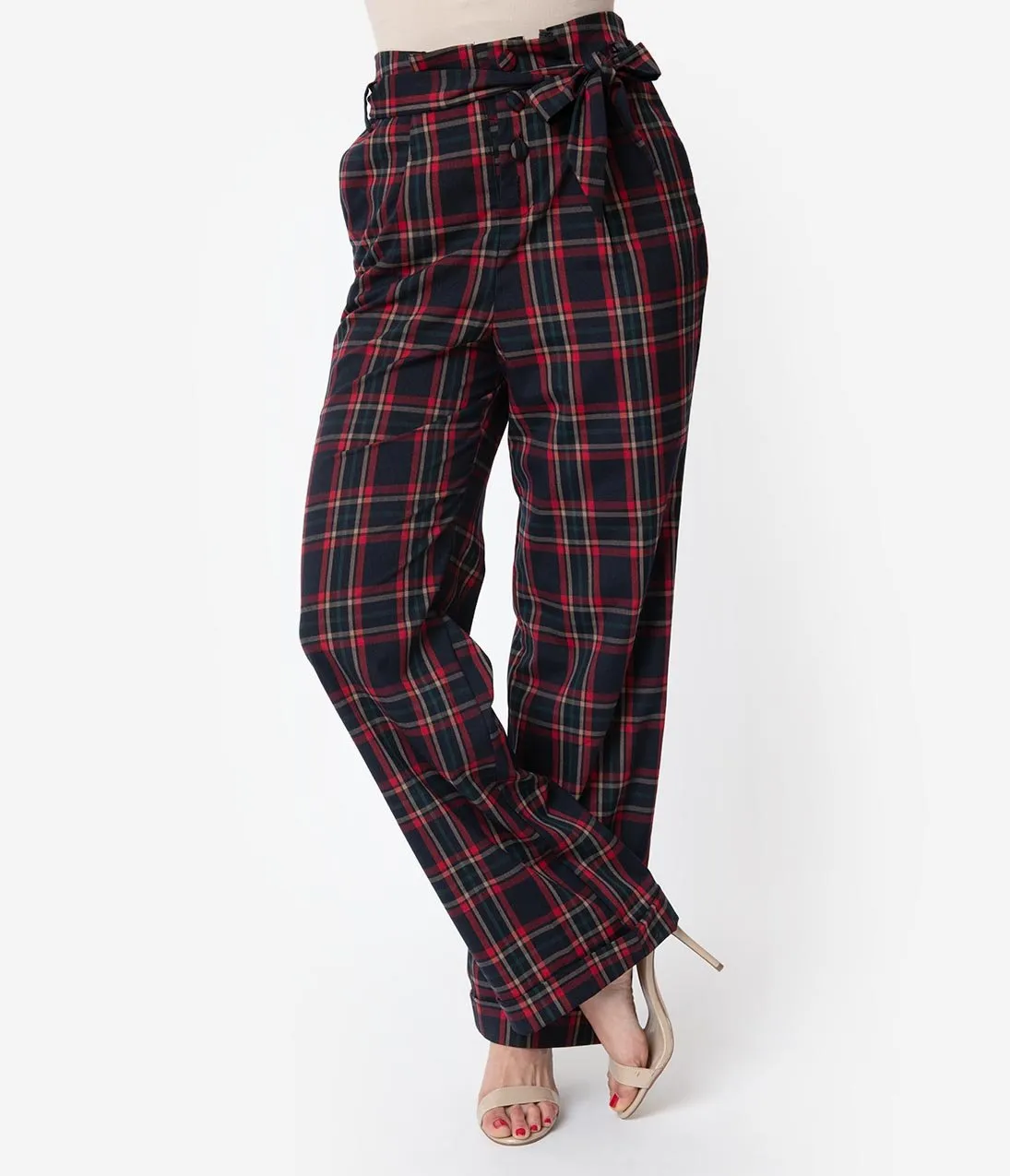 Unique Vintage 1940s Style Black & Red Plaid Paper Bag High Waisted Myrna Pants