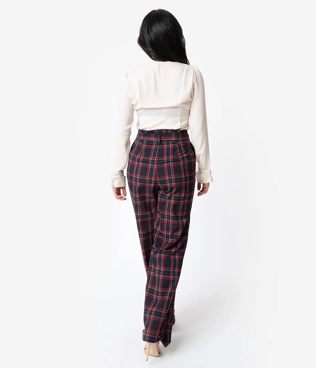 Unique Vintage 1940s Style Black & Red Plaid Paper Bag High Waisted Myrna Pants