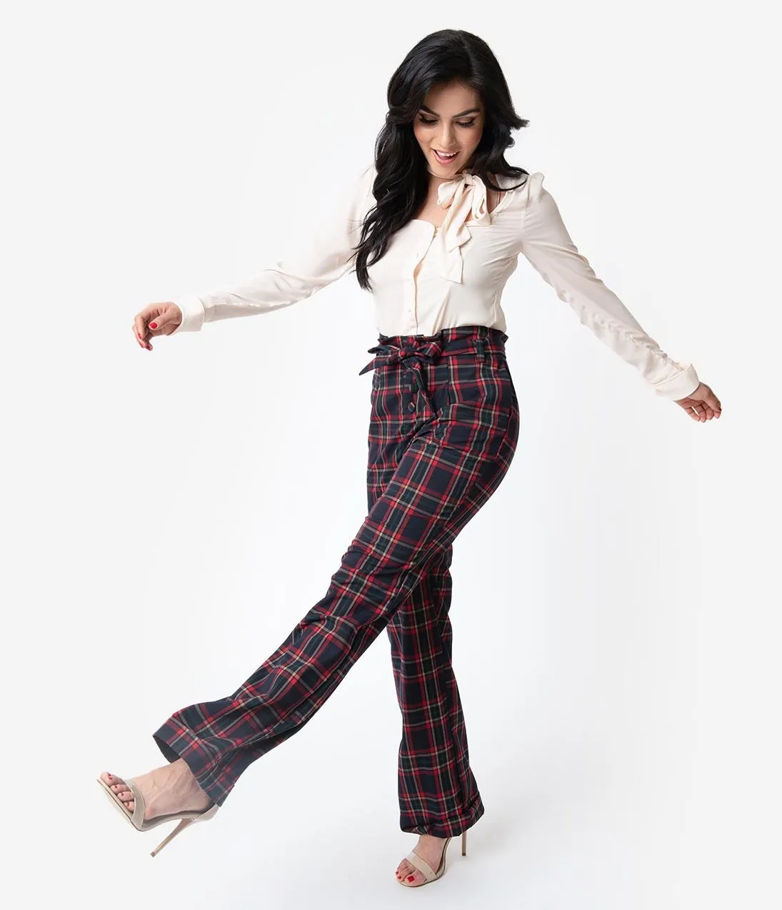 Unique Vintage 1940s Style Black & Red Plaid Paper Bag High Waisted Myrna Pants