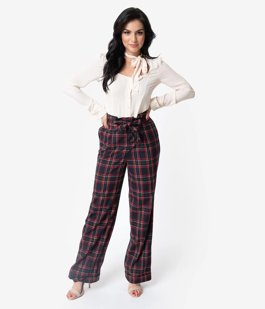 Unique Vintage 1940s Style Black & Red Plaid Paper Bag High Waisted Myrna Pants