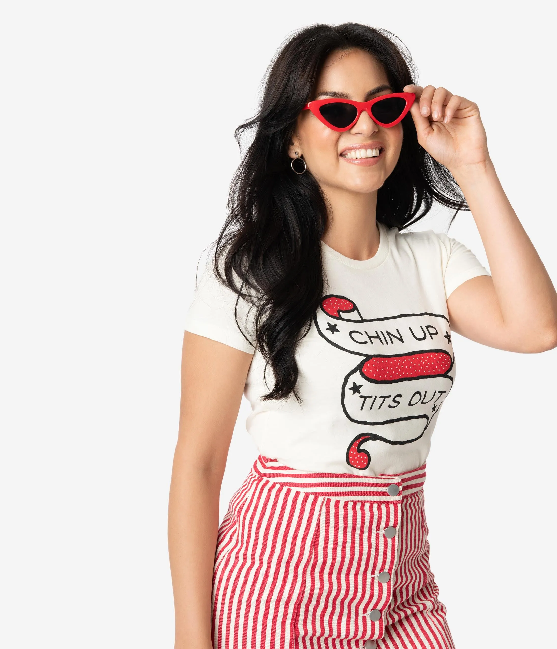 Unique Vintage Cream Cotton Chin Up Tits Out Womens Tee