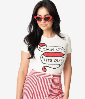 Unique Vintage Cream Cotton Chin Up Tits Out Womens Tee