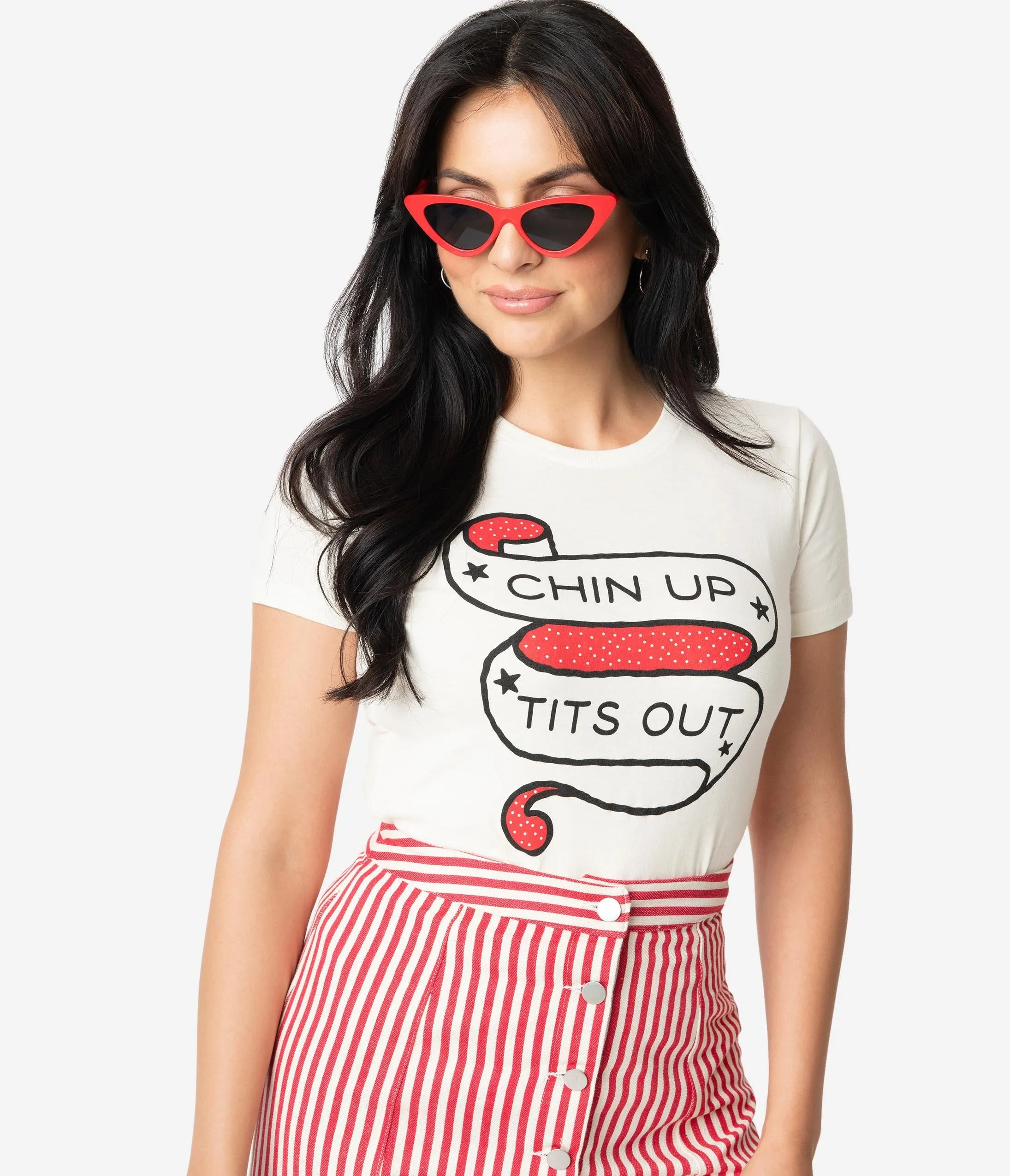 Unique Vintage Cream Cotton Chin Up Tits Out Womens Tee