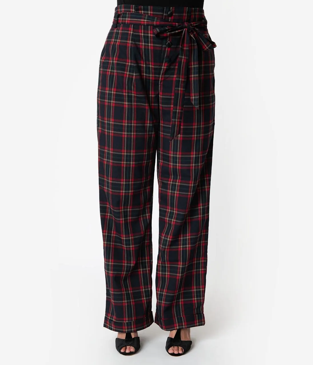 Unique Vintage Plus Size 1940s Style Black & Red Plaid Paper Bag High Waisted Myrna Pants