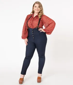 Unique Vintage Plus Size Dark Blue Denim Moorehead Skinny Suspender Pants