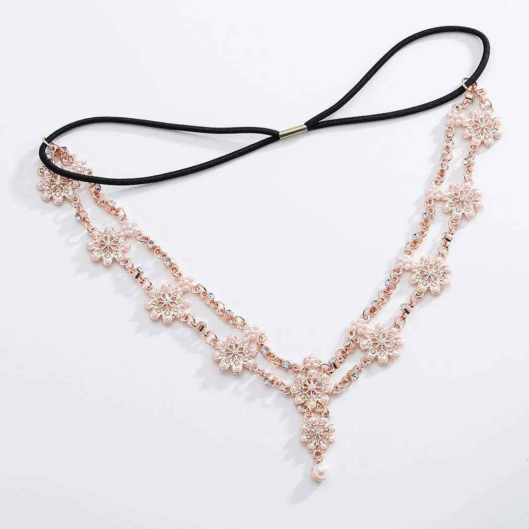 Unsutuo Hair Jewelry Head Chain Wedding Bohemian Floral Headband Elastic for Women(Rose Gold)