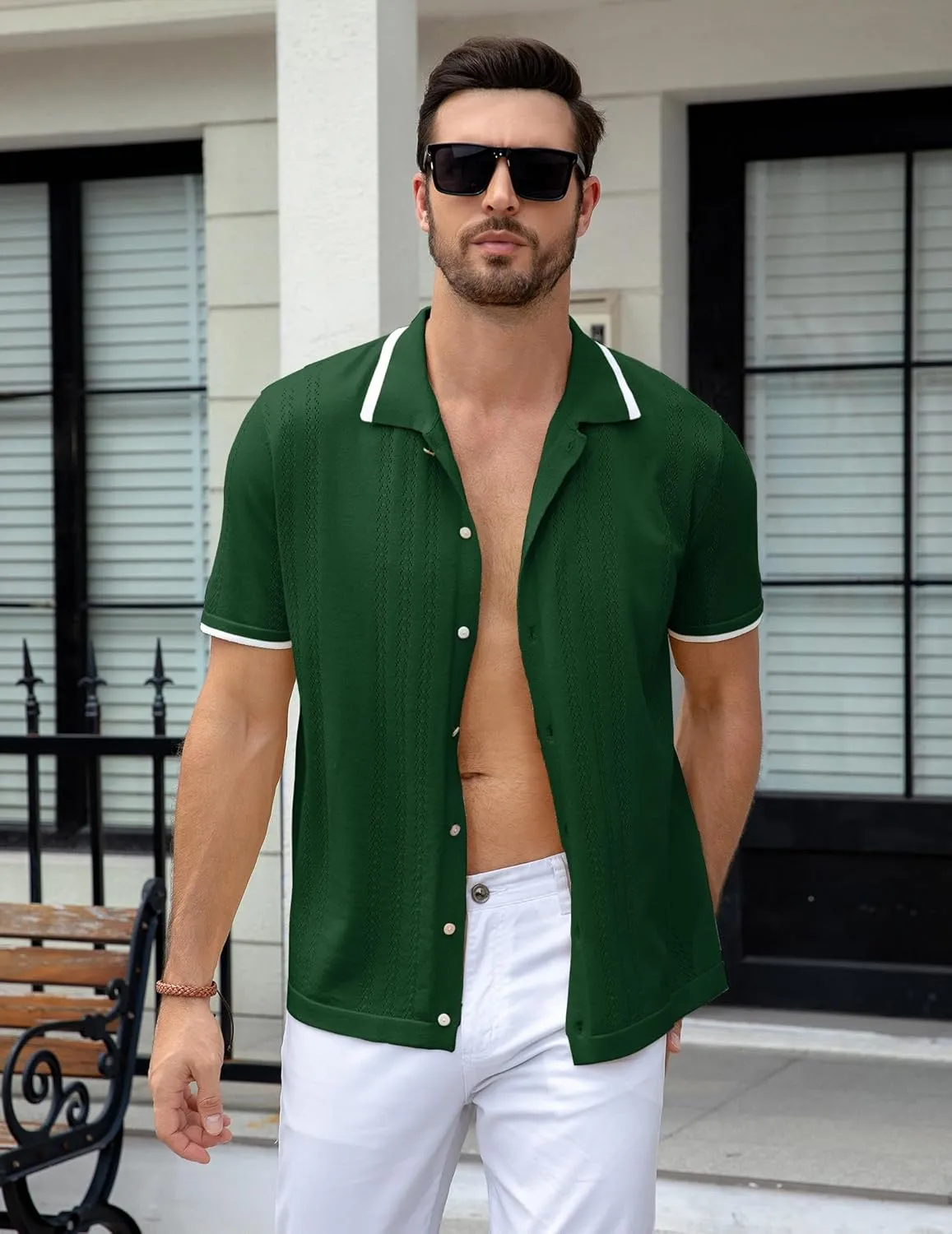 UOUA Men's Knit Button Down Shirt Short Sleeve Vintage Shirts Breathable Summer Beach Tops