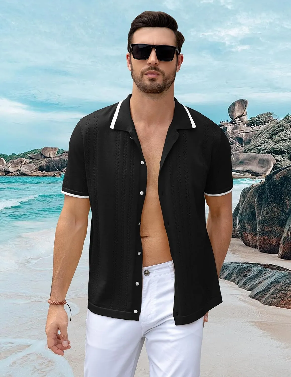 UOUA Men's Knit Button Down Shirt Short Sleeve Vintage Shirts Breathable Summer Beach Tops